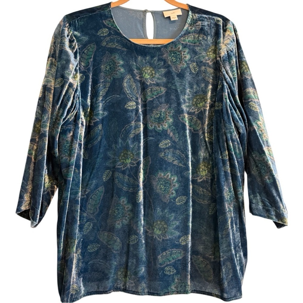 SALE J. Jill Peacock Blue Velvet Top | Printed Luxe Blouse | Women’s Medium - Picture 3 of 8